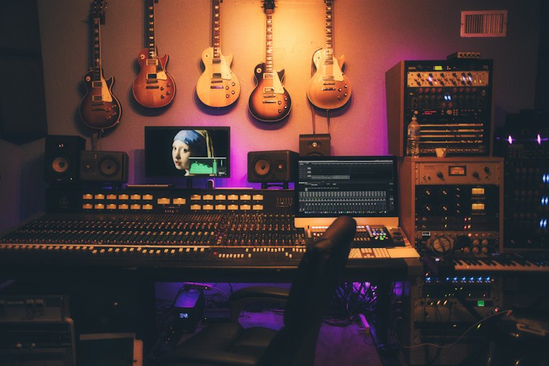 Data production audio engineer and acoustic specialist at recording workstation